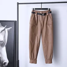 

Spring Autumn Women's Casual Sheepskin Genuine Leather Cargo Pants F053