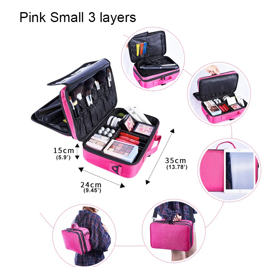 Pink S 3 layers Высокое качество, косметичка, профессиональный чехол для макияжа, органайзер для макияжа, Bolso Mujer, косметический чехол, большая емкость, сумка для хранения - Цвет: Pink S 3 layers