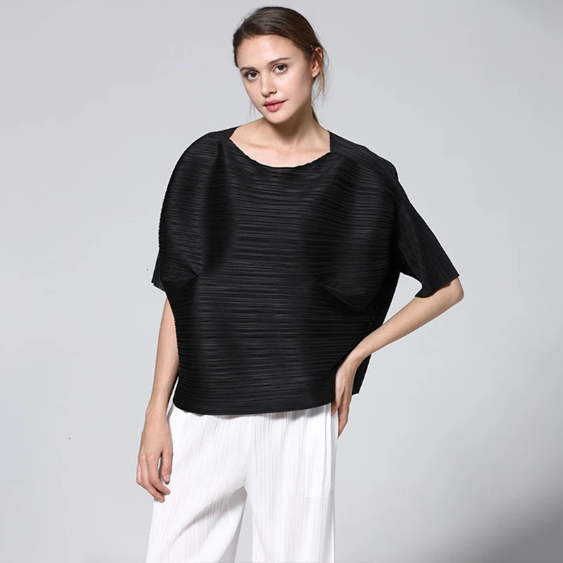 

[DEAT] 2019 New Fashion Pattern Pleated Office Lady Style Loose Round Collar Mid Sleeve Solid Color Elastic Women T Shirt AD049