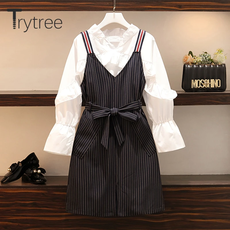 

Trytree 2019 Autumn Winter Women Two Piece Sets Casual V-Neck Ruffles Tops + Dress Striped Pockets Belt Mid-Calf Set Piece 2 Set
