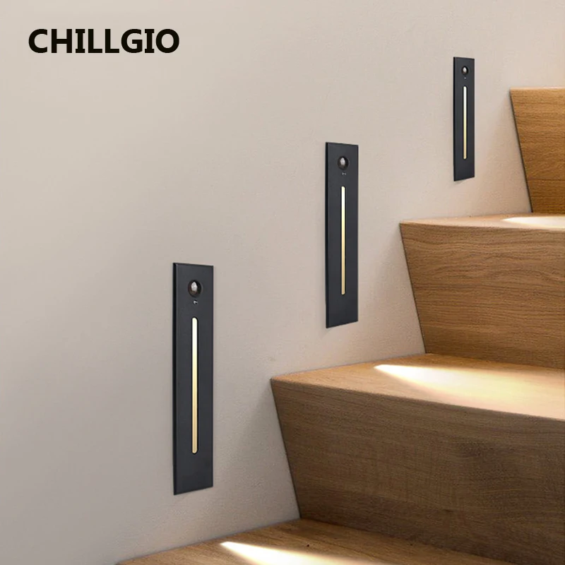 CHILLGIO Recessed Led Stairs Sensor Lights Step Aluminum Hallway Staircase Footlights IP65 Waterproof Indoor Night Corner Lamps
