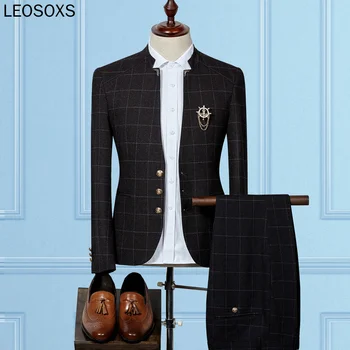 

New Mens Plaid Suits Latest Coat Pant Designs Chinese Style Stand Collar Slim Fit Groom Wedding Suit Formal Wear
