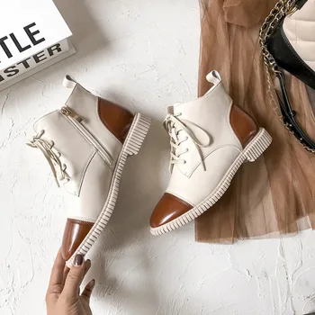 

MLJUESE 2020 women ankle boots cow leather autumn spring round toe mixed colors lace up low heels female riding boots party