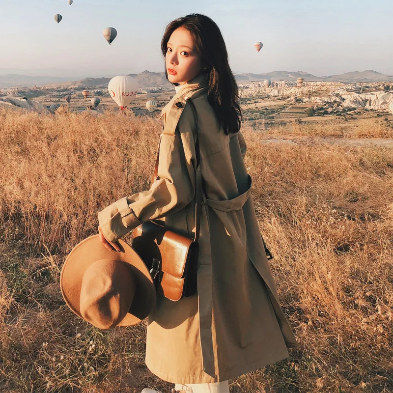 

2019 Autumn New Style Loose-Fit Korean-style Trench Coat Women's Slim Fit Slimming British Style Khaki Thin Autumn Clothing Wome