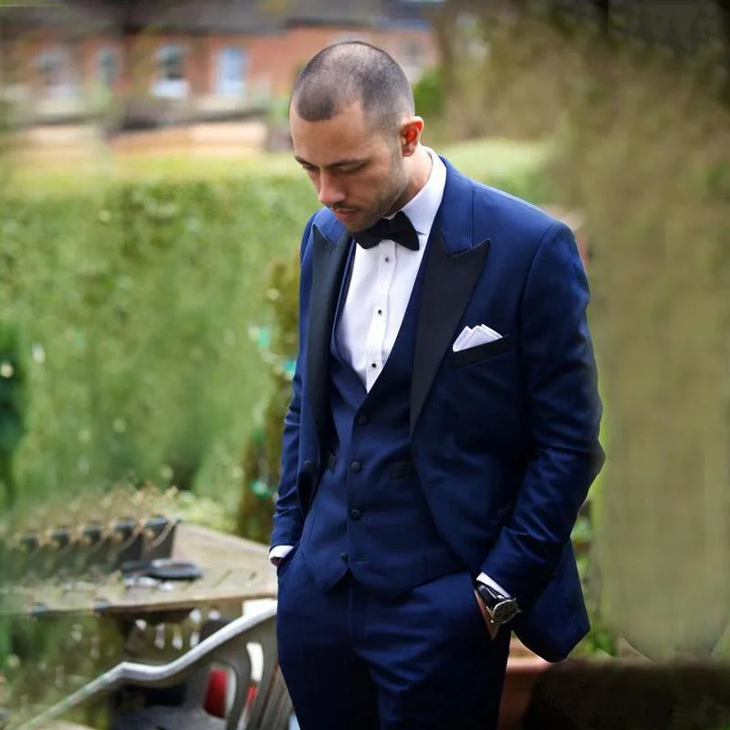 148Men Suits Navy Blue Peaked Lapel Wedding Suits Custom Made Tuxedos Formal Blazer Jacket Slim Fit 3 Piece Prom Evening Best Man Suit