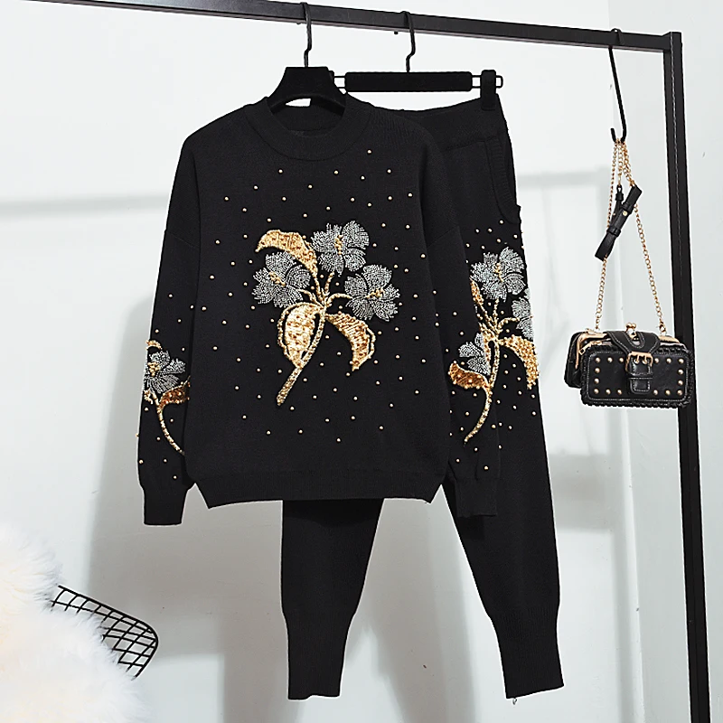 

High Quality Fashion Winter Two Piece Set Women Beading Flower Long Sleeve Pullover Sweater + Pants knitted Tracksuits Women Set