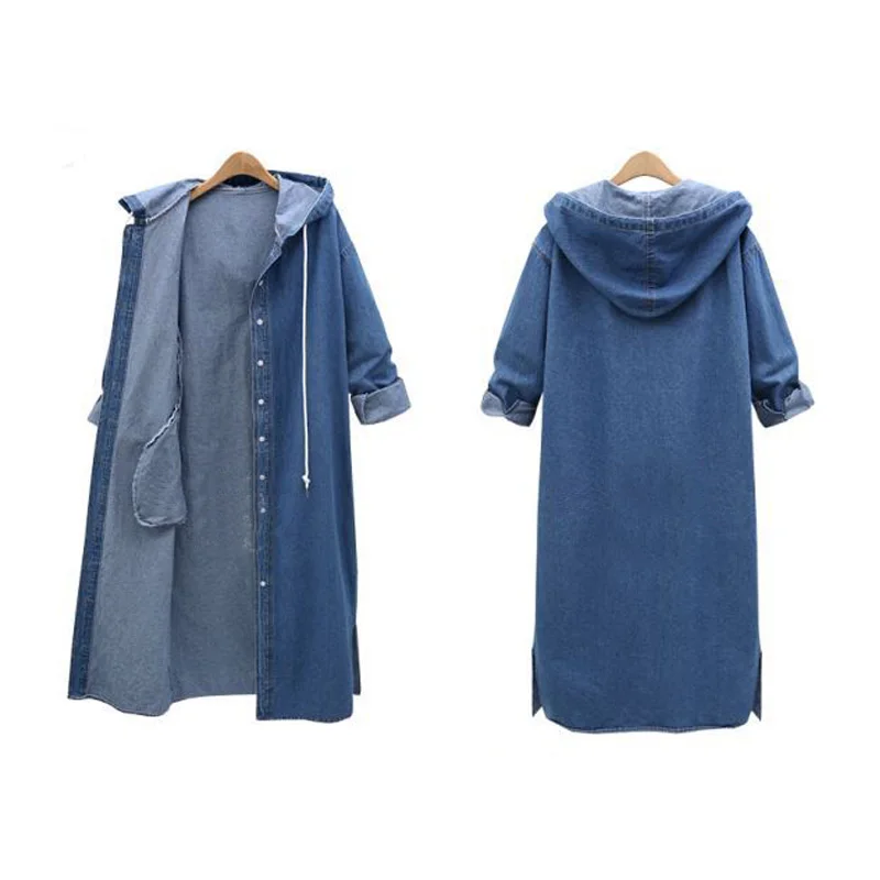 L-4XL Плюс размер пальто Casaco джинсовые куртки женские длинные пальто с капюшоном Caidigan джинсовая куртка Demin Veste Femme Тонкое Пальто Harajuku