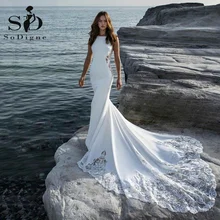 

SoDigne White Satin Mermaid Wedding Dresses 2022 Boho Lace Appliques Scoop Royal Train Backless Bridal Dress Custom Made Gowns