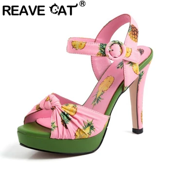 

REAVE CAT Summer Sweet Heeled Sandals Peep Toe 7cm Thin Heels Pineapple Printing Buckle Platforms Big size 34-40 Party A2910