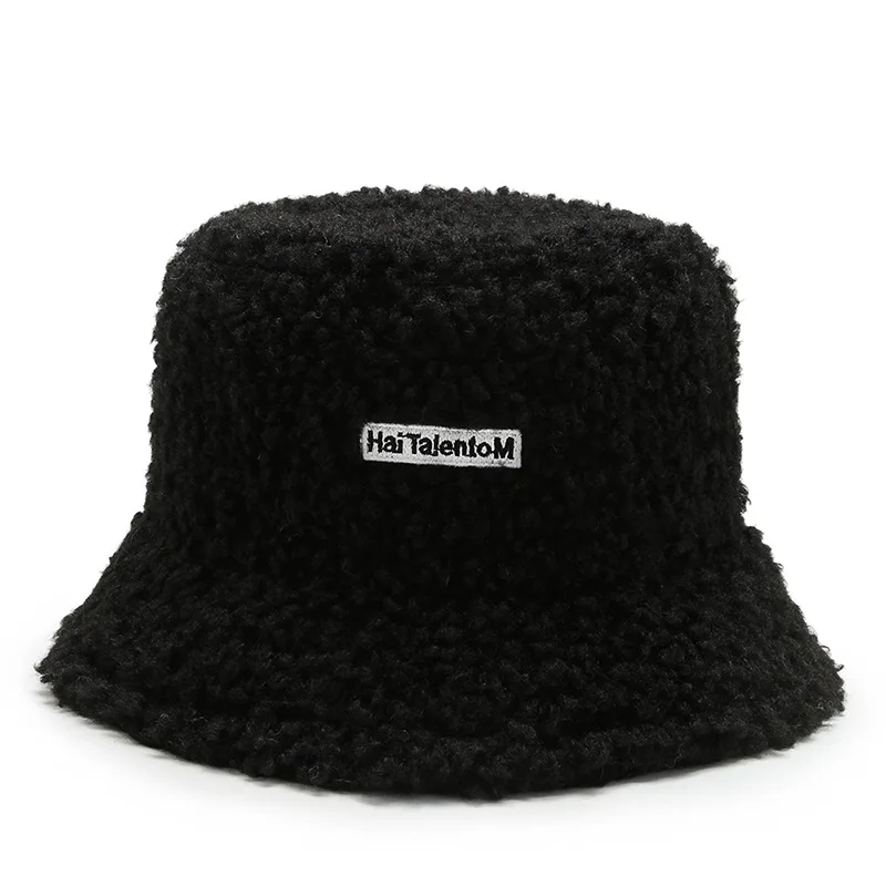 

Men Women Winter Thicken Warm Letter Embroidery Cashmere Fleece Knit Bucket Cap Unisex Travel Fishing Fisherman Flat Top Hat R28