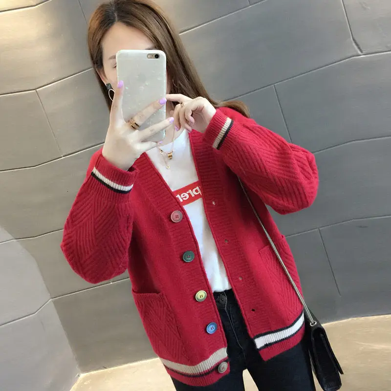 Knitted Cardigan Толстый кардиган женский весна осень длинный рукав вязанный v-образный вырез трикотажные женские шерстяные кофты Женский вязаный жакет Топы - Цвет: Knitted Cardigan