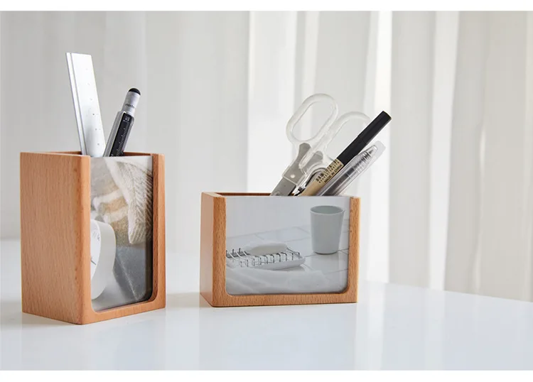 Creative Wooden Photo Frame Pen Holder Multifunction Home Office Storage Box Pencil Case Picture Frame Decoration