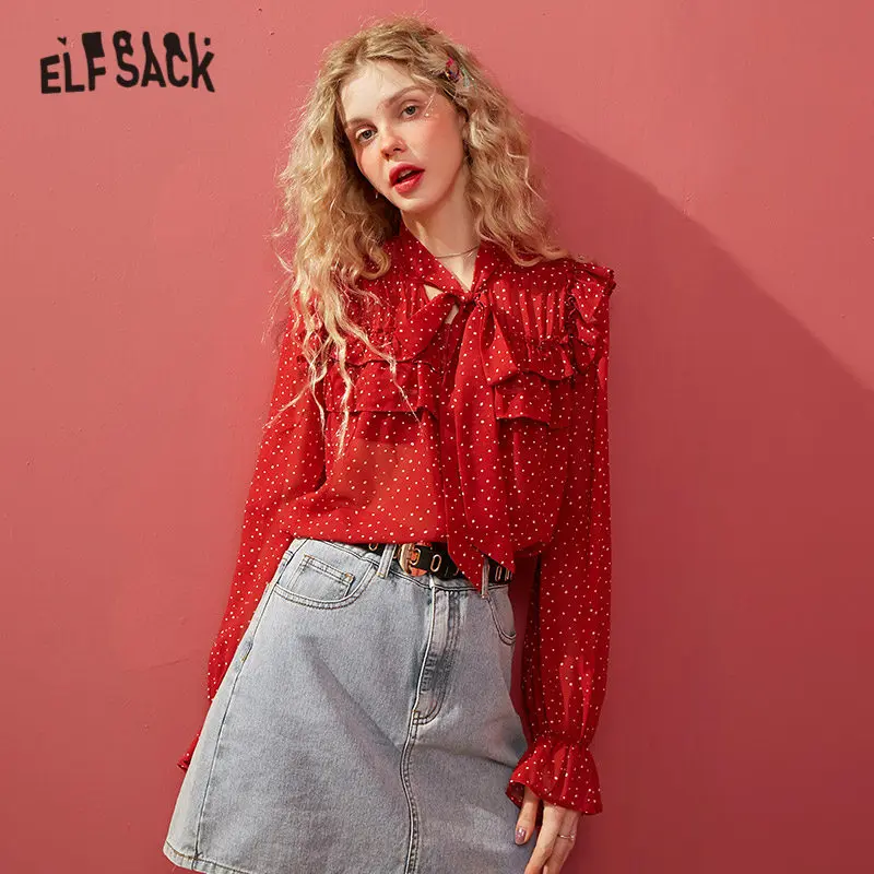 Женская винтажная блузка ELFSACK красная Повседневная Блузка в горошек с оборками