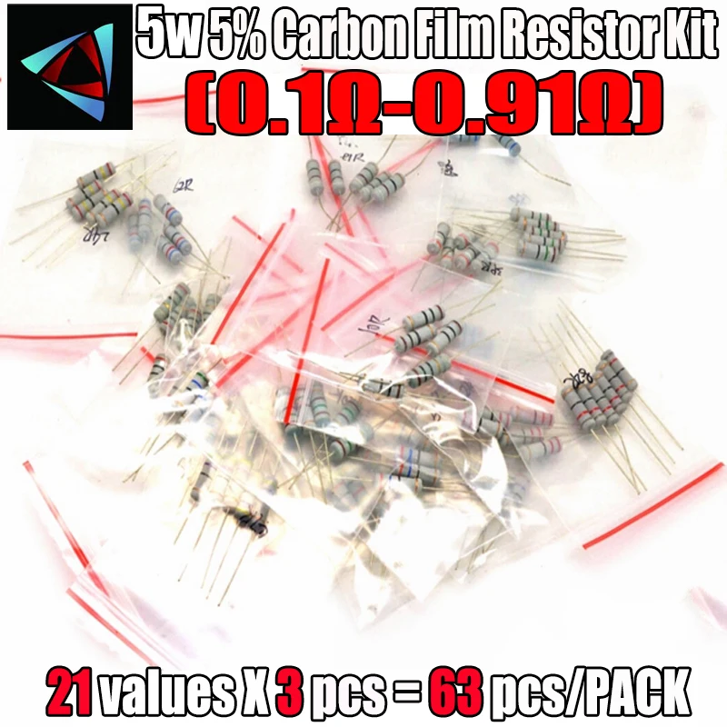 63 шт./лот 5 W резистор посылка 5% 0.1R-0.91R 21Values * 3 = 63 шт обычно Резисторные комплекты Угольный резистор Ассорти Комплект