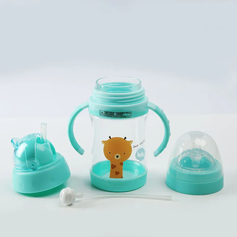 Green Yellow Bear 350 мл детская бутылка для воды для кормления младенцев мультфильм тяжелый шар чашка откидная Крышка герметичная ручка для учебы соломинка для напитков бутылка - Цвет: Green Yellow Bear