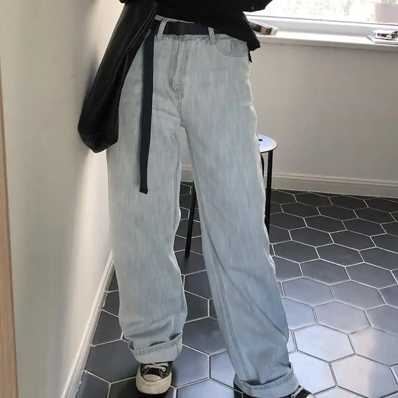 Fashion Women Autumn High Waist Wide Leg Jeans Pockets Vintage Straight Denim Pants Solid Loose Casual Trousers