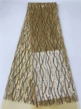

Graceful gold African tulle mesh cloth French net lace fabric with sequins for lady dress RFN107(5yards/lot)