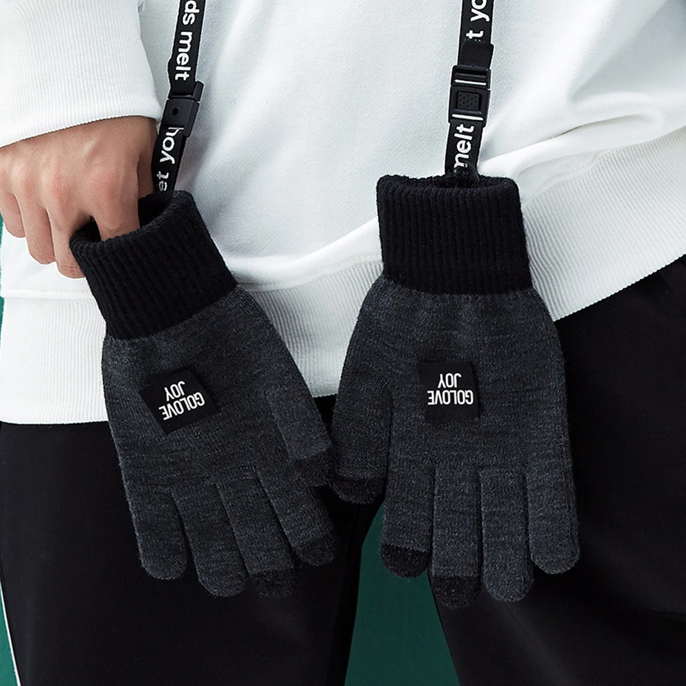1Pair Winter Gloves With Hanging Rope Knit Mitten Anti-slip Touch Screen Gloves Wool Warm Gloves for Men Boys - Color: Gray