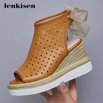 

Lenkisen genuine leather hollow breathable riband fashion straw peep toe thick bottom wedges lace up super high heel sandals L32