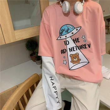 

3-color Autumn Korean Casual Pullover Female Cute Cartoon Print Student Harajuku Fake Two-piece Long-sleeved Sweatshirt Mujer
