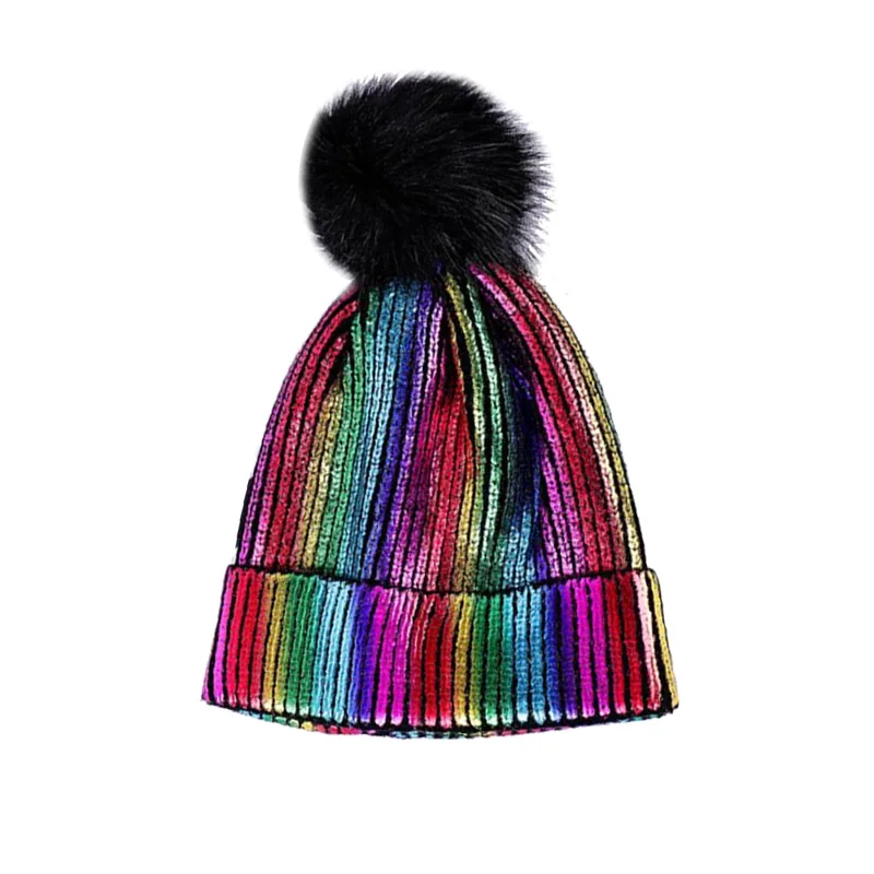 

New Striped Rainbow Hat Female Winter Gold Silver Ladies Beanie Fashion Cute Warm Bonnet Pompom Cap For Girls Knit Colorful Hats