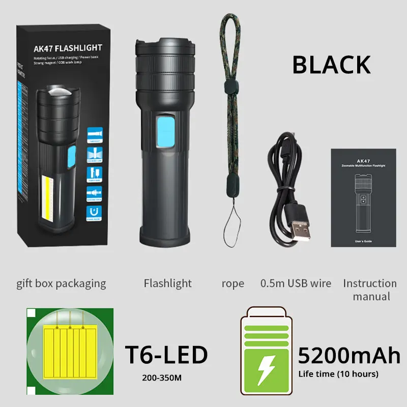 BLACK-T6-5200mAh Высококлассный светодиодный фонарь для кемпинга, мобильный фонарь с двойным боковым светом, перезаряжаемый супер яркий фонарь с магнитом - Испускаемый цвет: BLACK-T6-5200mAh