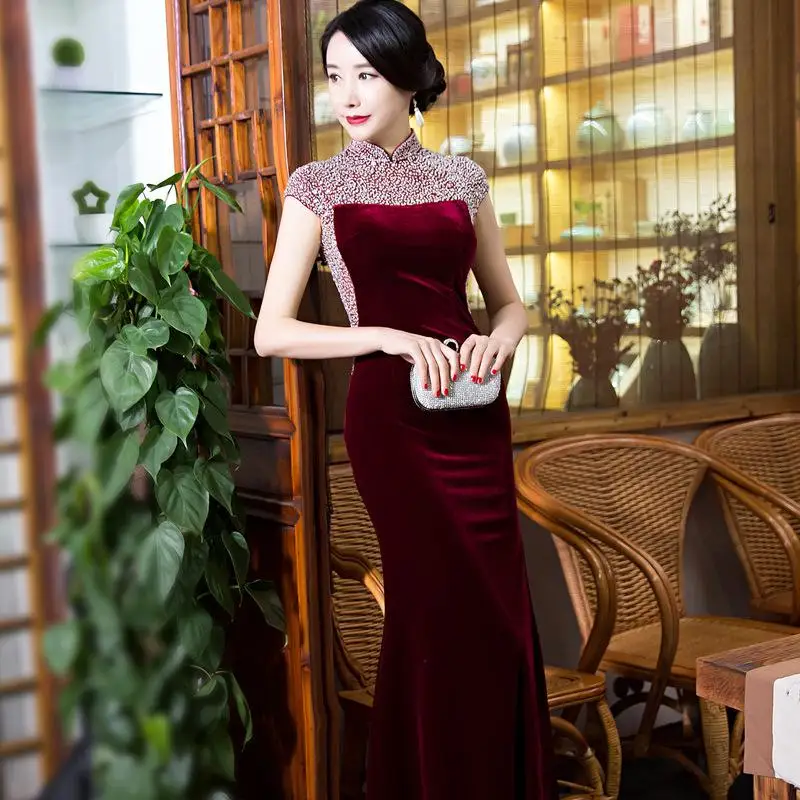 Сексуальное Тонкое платье Cheongsam с воротником «Мандарин», традиционное длинное бархатное платье Qipao Vestidos, элегантные женские вечерние платья - Цвет: Burgundy