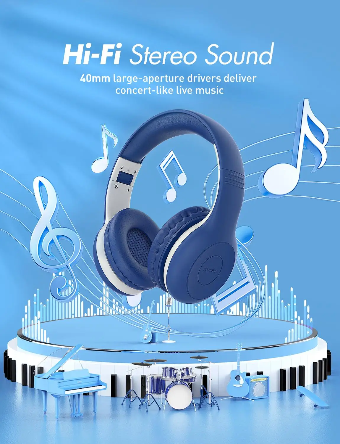 Mpow Wireless Bluetooth 5 0 Kids Headphones with mic HD Stereo 16 Hours Studytime Over ear Headset for PC Cellphone iPad Study