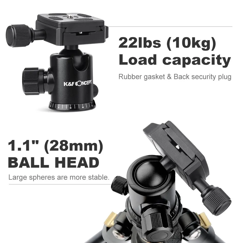 K&F Concept Camera Tripod Lightweight Compact Aluminum Tripod 62'' with Bluetooth Remote Ball Head Quick Release Plate For DSLR