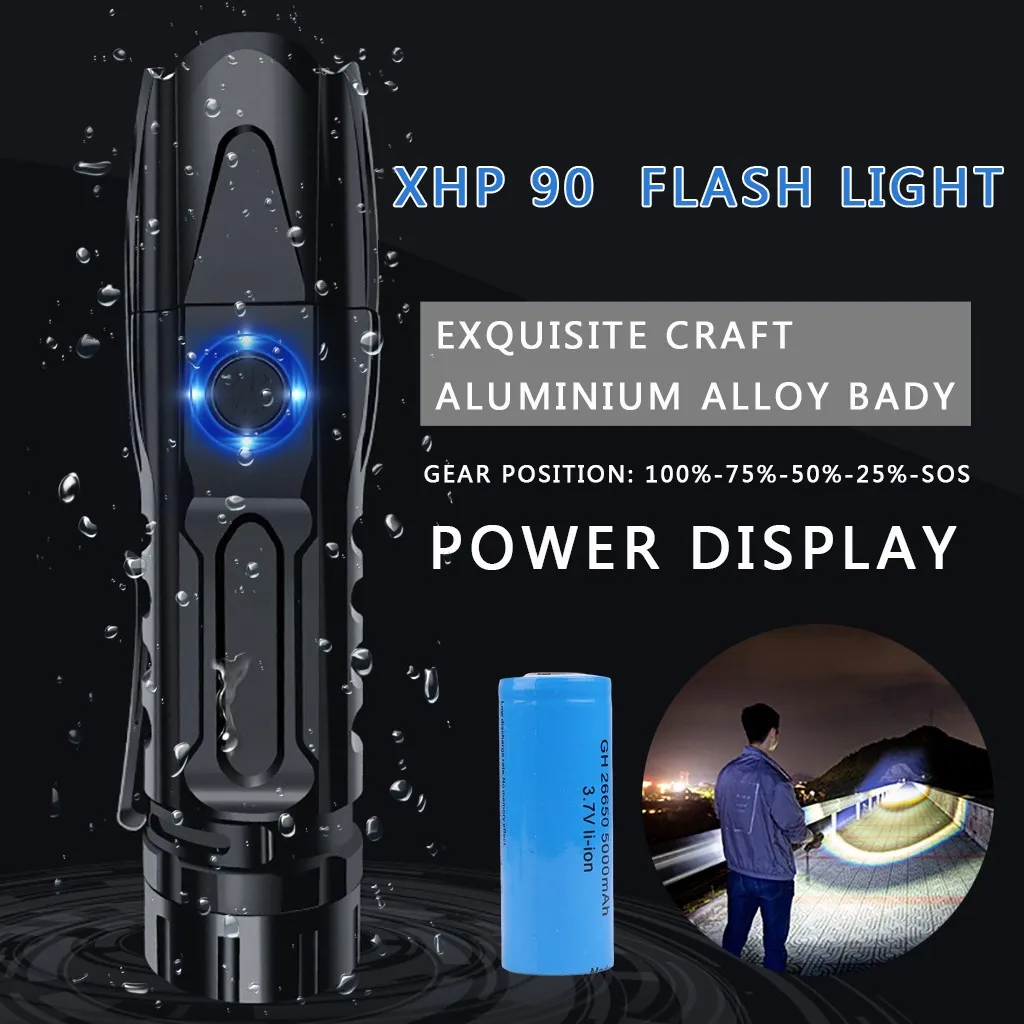 Мощный светодиодный фонарик Xhp 90 мощный с батареей 26650 5 режимами лм