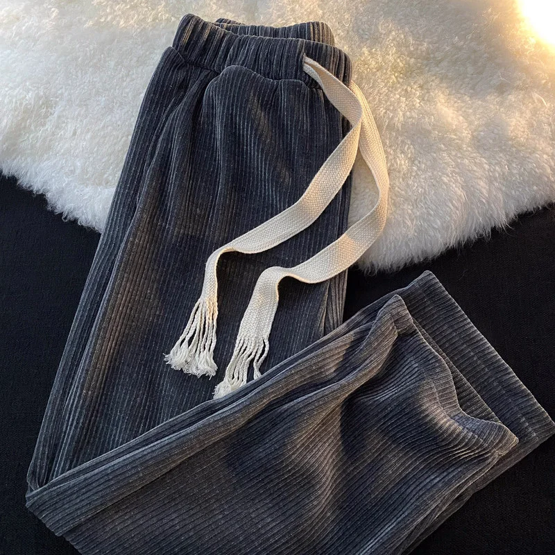 Men Casual Pants Students All-match Korean Style Plus Velvet Warm Winter New Ins Corduroy Popular Loose Bottoms Harajuku Design