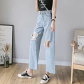 Blue Женские джинсы с высокой талией размера плюс, тянущиеся, лето, осень, девятая длина, обтягивающие, свободные, джинсовые штаны для женщин, синие - Цвет: Blue