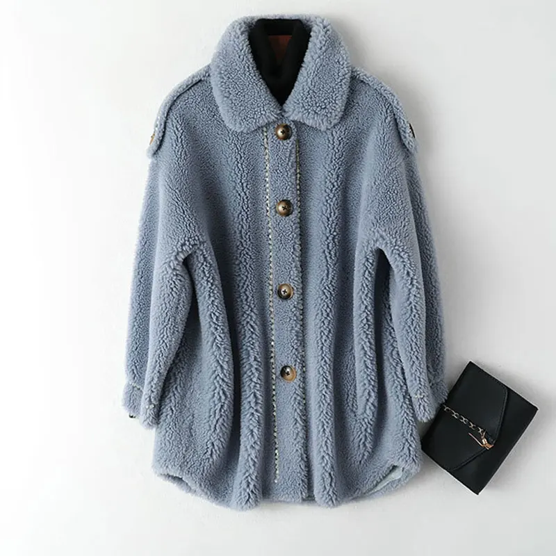 Light blue Шерстяные пиджаки в Корейском стиле, пальто из овечий шерсти Женская Одежда элегантная зимняя куртка теплые Для женщин шерстяное пальто из натурального меха, женские - Цвет: Light blue