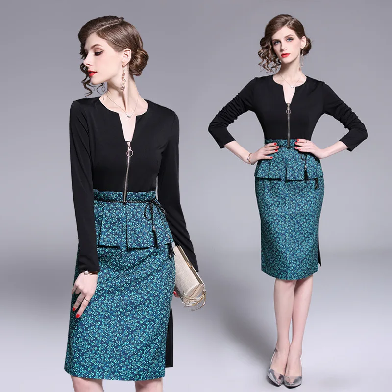 

Photo Shoot Europe And America New Style High-End WOMEN'S Dress 2019 Retro Feminine Printed Joint Skirt