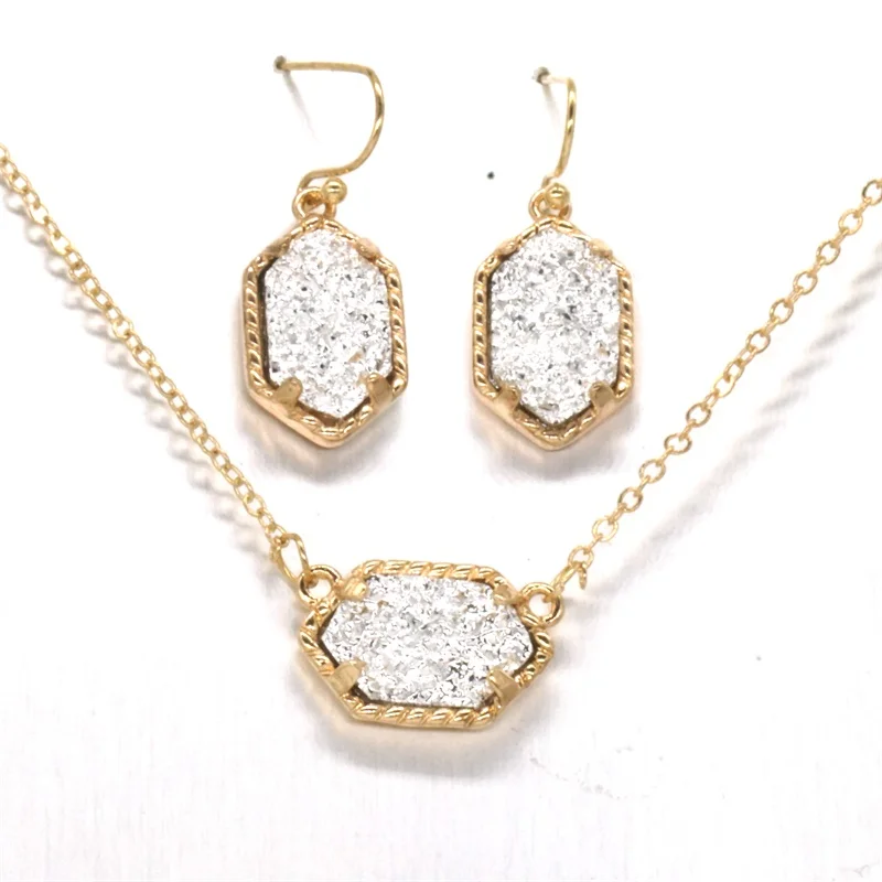 Druzy Drusy ожерелье серьги ювелирный набор Смола серьги с камнем золото шестиугольник Висячие серьги для женщин вечерние - Окраска металла: D silver
