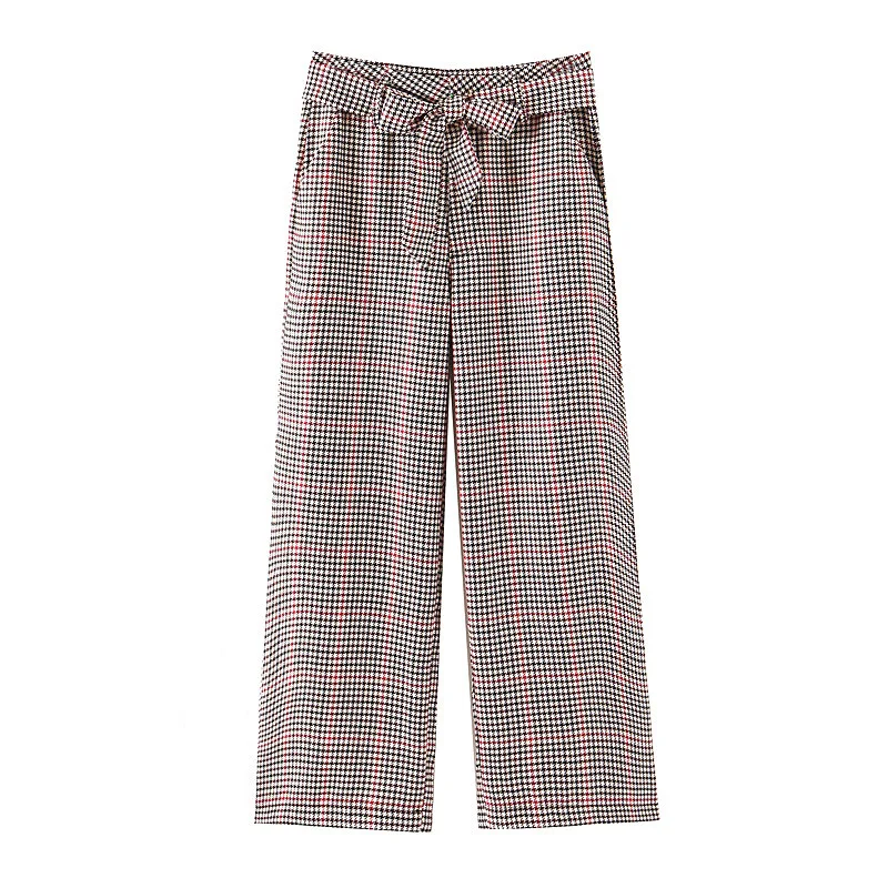 

KZ225 European Design Sashes Slim Waist Classic Plaid Print Pants Women Match All Trousers