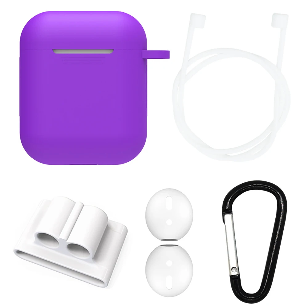 Розовый 5 в 1 Bluetooth наушники аксессуары комплект для Airpods зарядный ящик силиконовый чехол+ крючок+ шейный канат+ крышка для наушников+ держатель для наушников - Цвет: Розовый