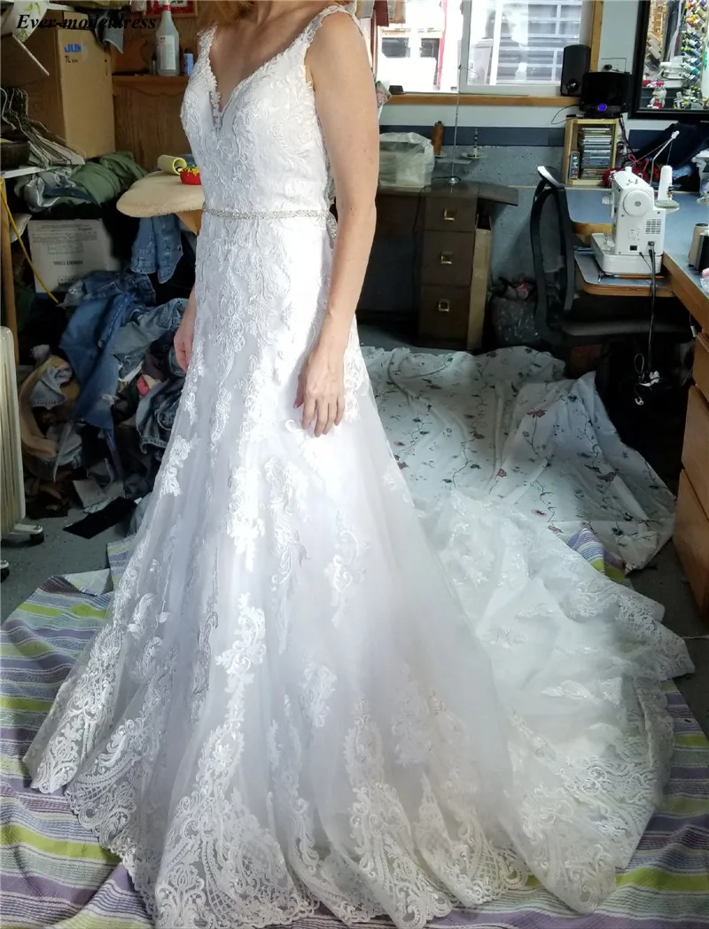 Vestido De Noiva Свадебные платья с кружевной аппликацией, v-образным вырезом, открытой спиной, шлейфом, свадебные платья, платье невесты