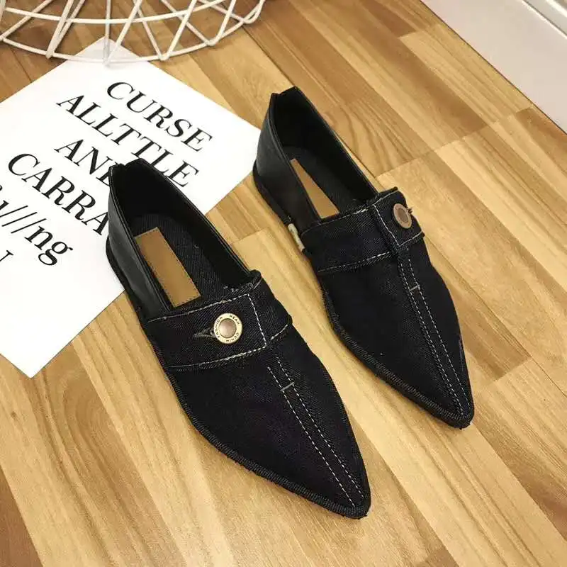 Wellwalk/обувь; женские лоферы; дамские мокасины; слипоны; балетки на плоской подошве с острым носком; балетки на плоской подошве; женские зимние джинсовые ботинки - Цвет: Черный