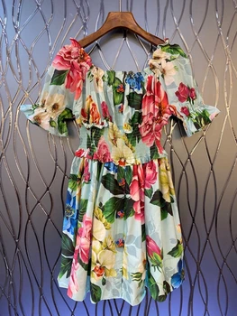 

2020 Spring and Summer New Women's Leadership Wooden Ear Stitching Printing Color Matching Short-Sleeve Dress 602