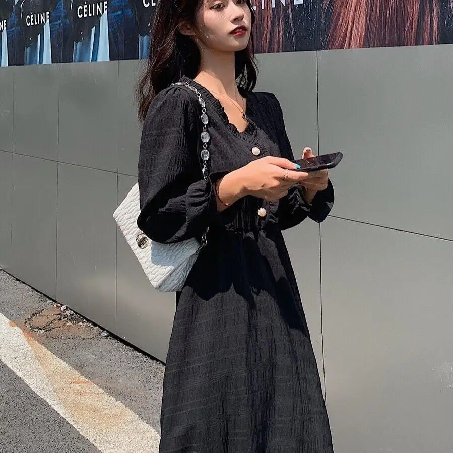 Kadın elbise yaz yeni beyaz elbise uzun kollu elbise kadın Midi