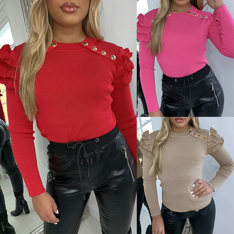 

2020 New Style Long-sleeved Button Thin Sweater Spring Tight Elastic Collar Top Women Pull Retro Red Ladies Top
