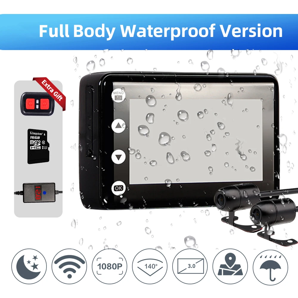 

VSYSTO waterproof motorcycle dvr wifi moto dash cam 3.0 screen motorbike dual camera gps motocam 1080p motor dashcam A2 16GB
