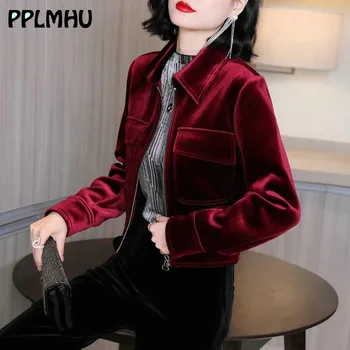 

Retro Velvet Short Jacket Women Elegant Casual Long Sleeve Wine Red Zipper Party Outerwear Spring New Fashion Streewear Coat