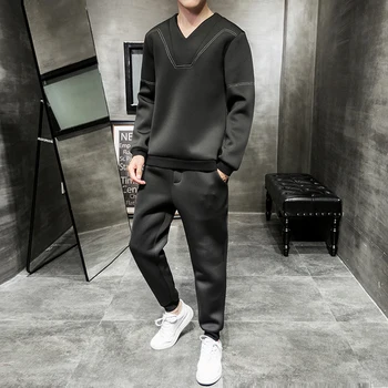 

M-5XL Plus Size Men Fashions Two Piece Set Top And Pants Solid Color Autumn Long Sleeve Men Sweat Suit Set Male Clothes XXXXXL