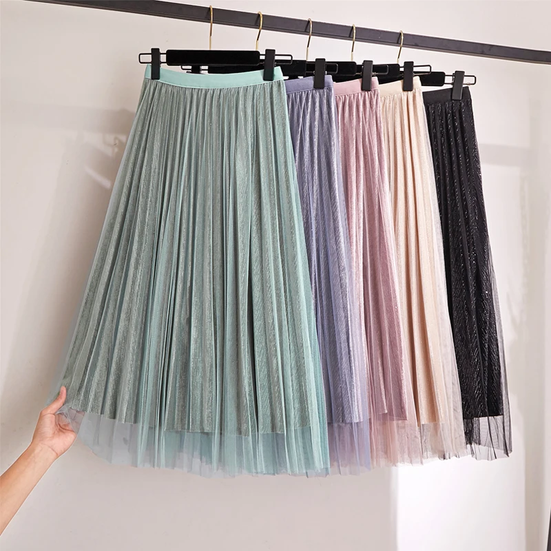 

GIGOGOU Lurex Women Midi Pleated Skirts Spring Summer Chic Lady High Waist A Line Skirt Fashion Lace Tulle Maxi Skirt Femme