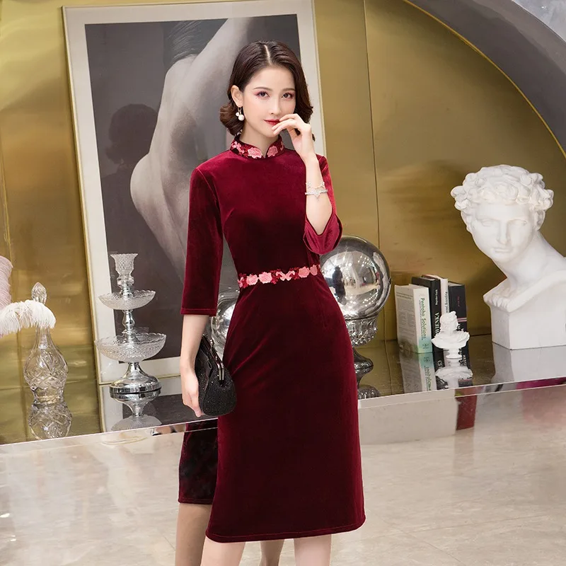 Большие размеры 4XL новое поступление винтажное велюровое платье Cheongsam с коротким рукавом сексуальное женское официальное короткое платье с цветочным принтом воротник-стойка Qipao - Цвет: burgundy