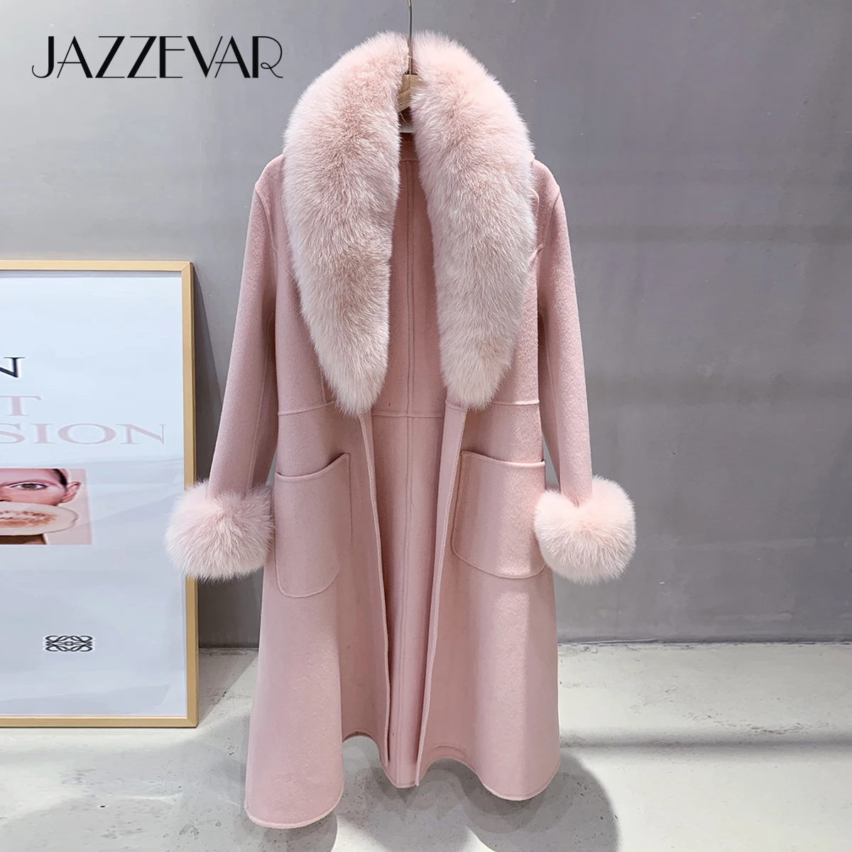 

JAZZEVAR-Женское Элегантное зимнее пальто, куртка из натурального Лисьего меха, длинный кашемир, двусторонняя шерстяная верхняя одежда, женские пальто, Luxuri