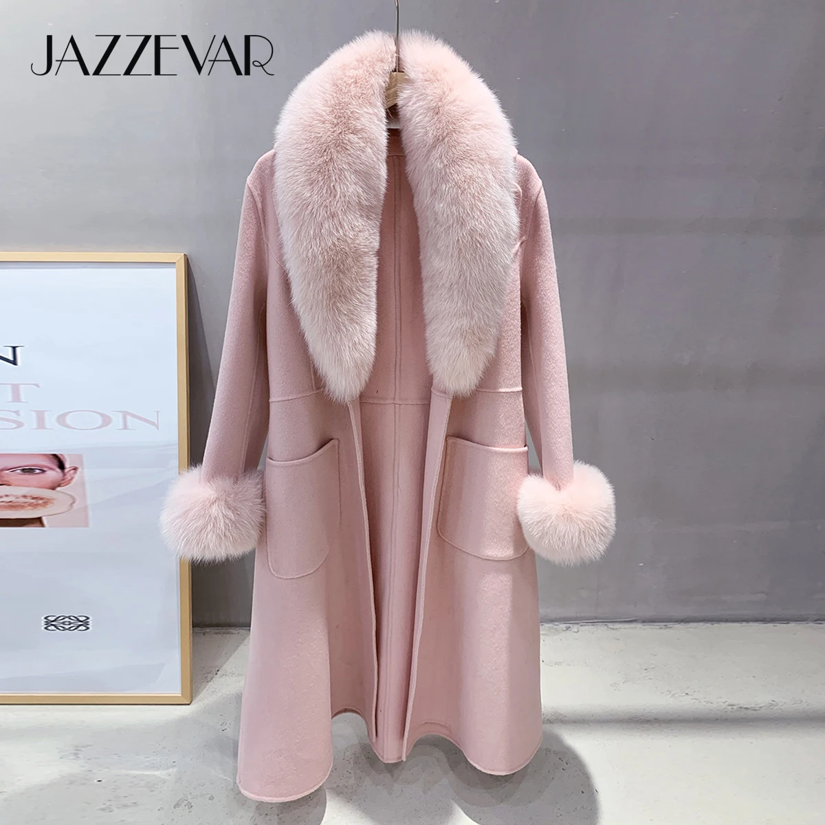 JAZZEVAR winter Coat Elegant Women Luxurious Natural Fox Fur Jacket X-Long  Cashmere double faced Wool Outerwear Ladies coats Color: Sky Blue, Size: M