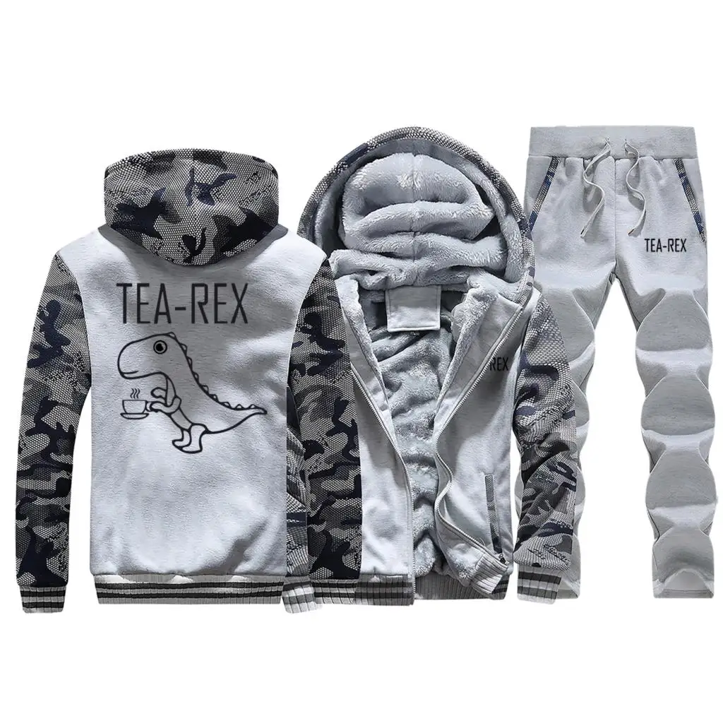 Light Gray 1 Толстовки с рисунком динозавра из мультфильма «Чайный Рекс», камуфляжная Теплая мужская куртка+ штаны, комплекты из 2 предметов, толстый зимний спортивный костюм, спортивный костюм для улицы - Цвет: Light Gray 1